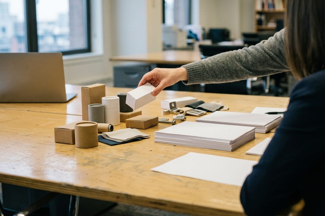 A review session sorting sample products into groups across a working table