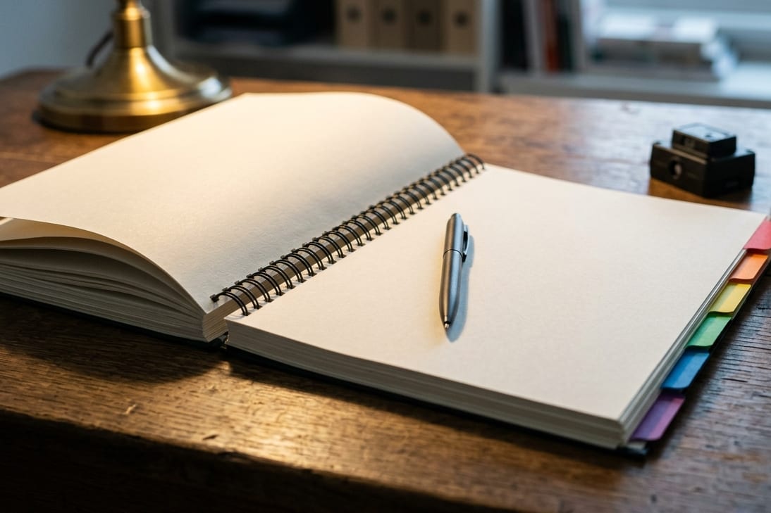 A thick tabbed register lying open on a desk beside two sample products