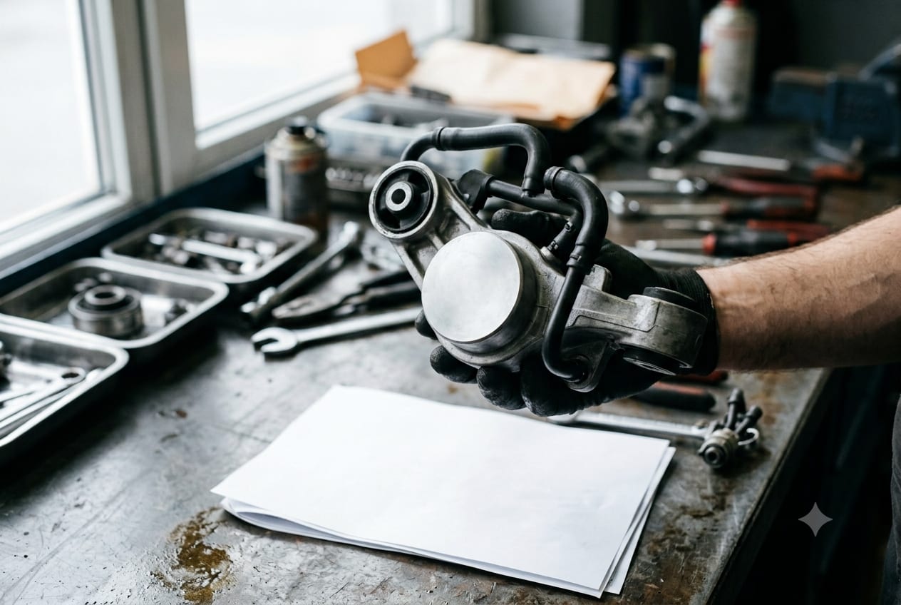 An unbranded automotive component held over a printed listing