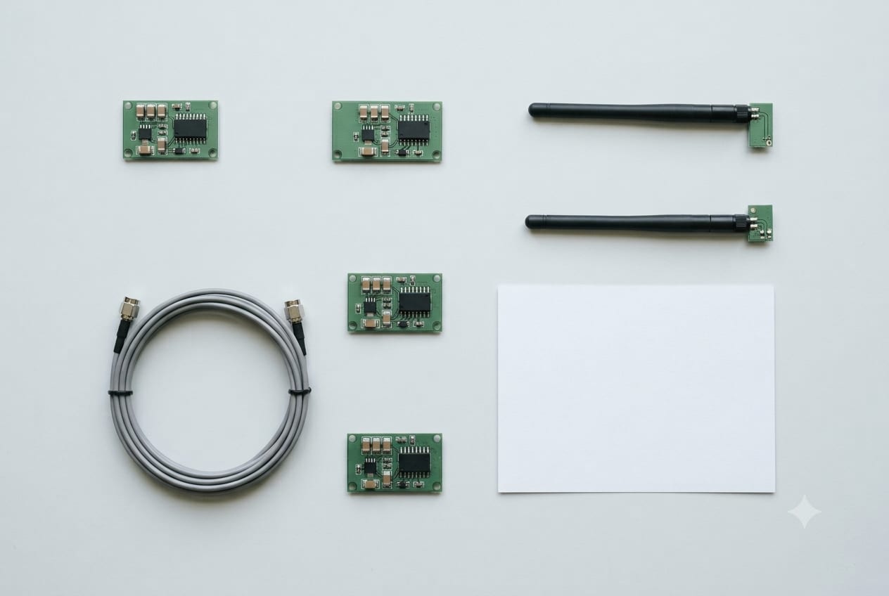 Unbranded radio modules and antennas laid out for assessment