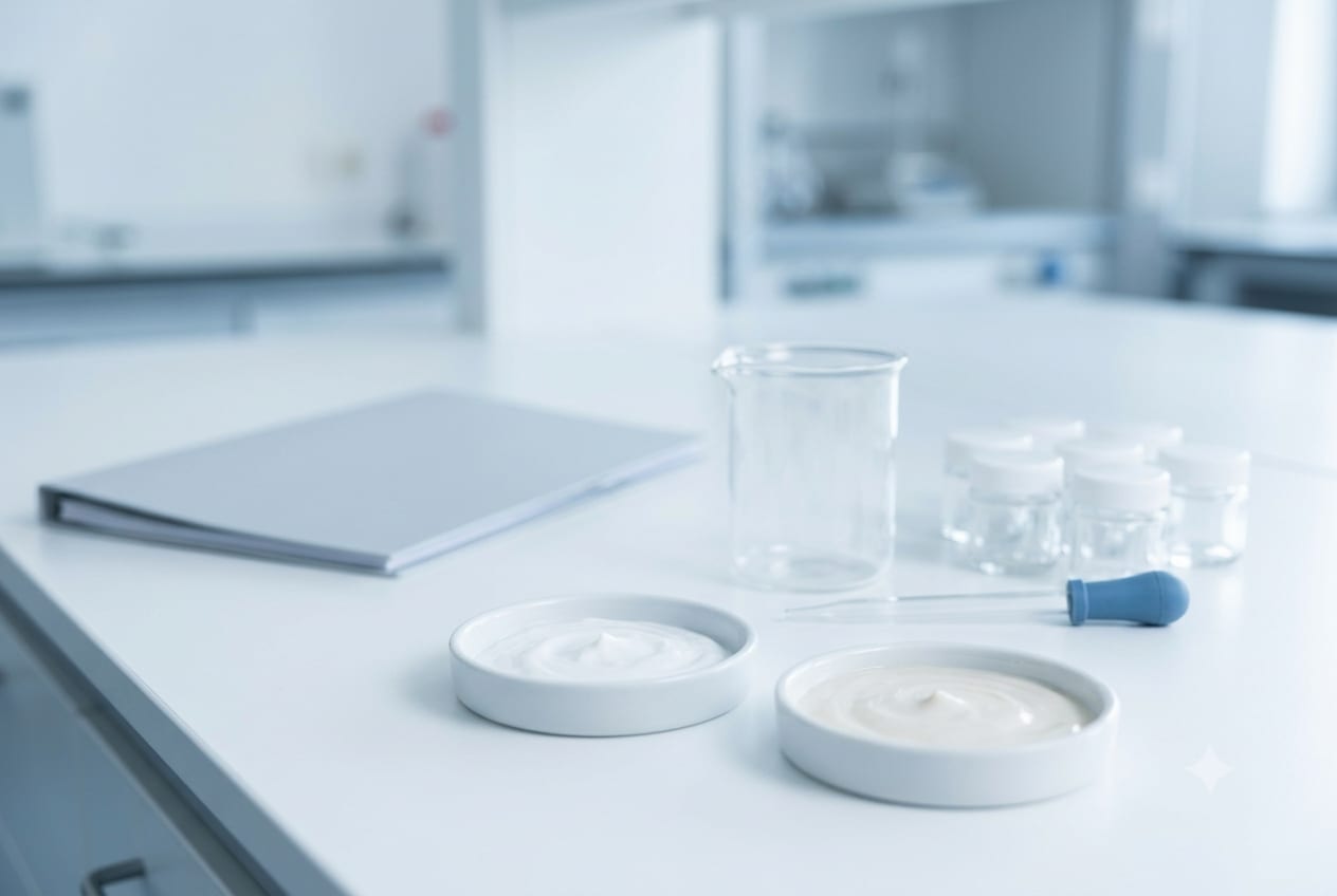 Unbranded cosmetic samples and glassware on a formulation bench