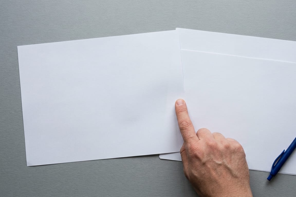 Two blank sheets laid side by side on a desk, a finger resting on one where the two would be compared