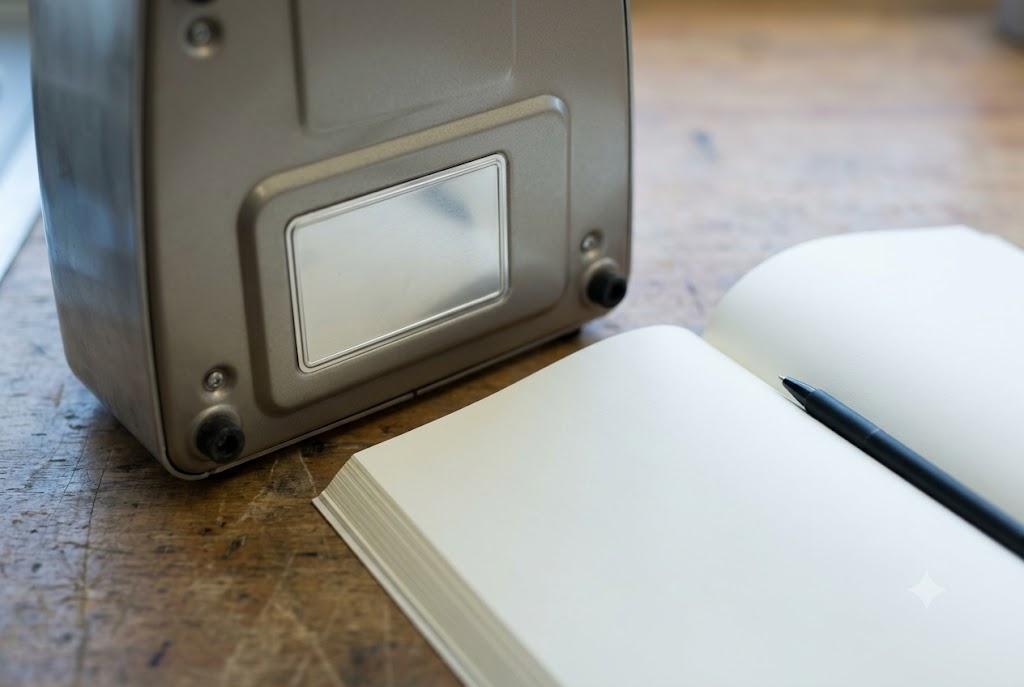 The blank underside of an unbranded appliance beside an open test report