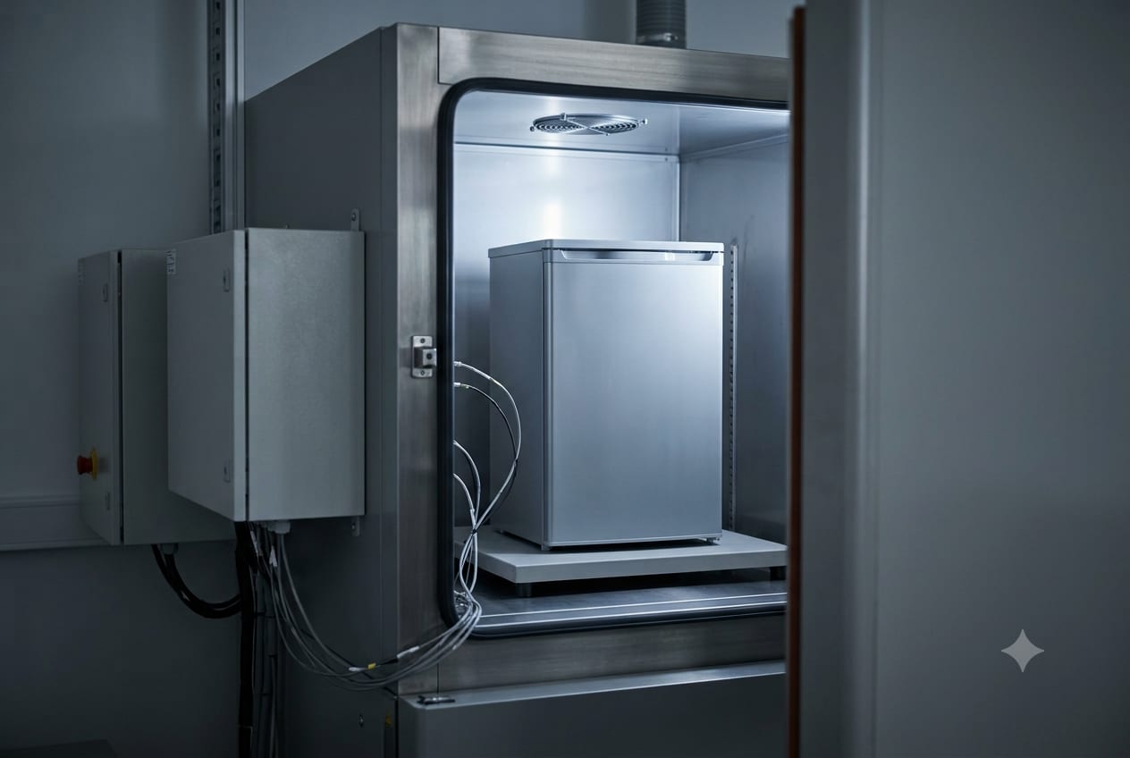 An appliance under performance testing in a climate-controlled chamber