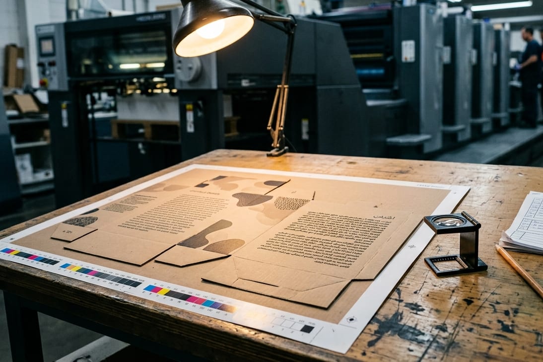 Arabic label artwork proof being checked against certificate details