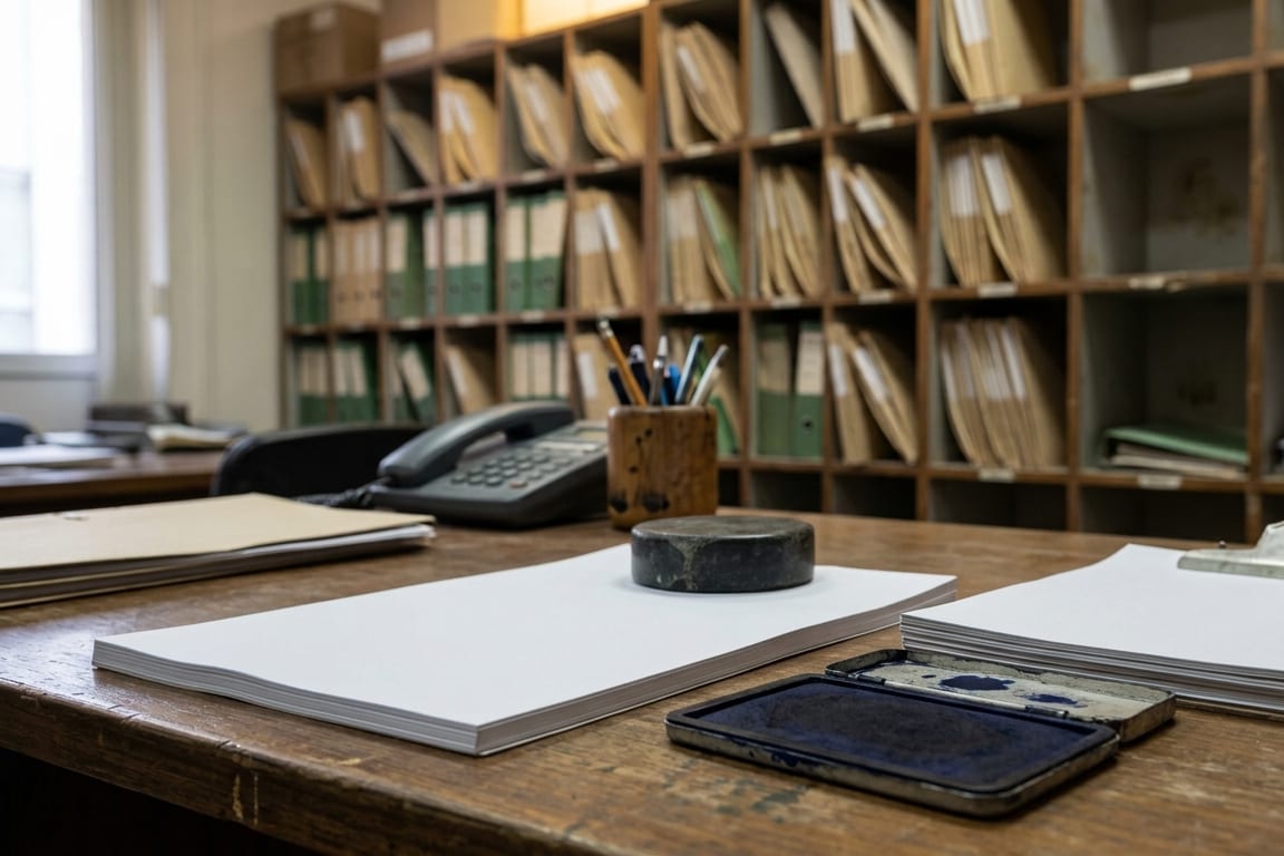 An export documentation desk with blank forms and a stamp pad, pigeonhole shelves of folders behind