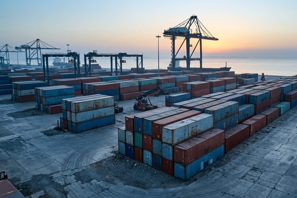 Containers stacked at an Indian west coast terminal at dawn with a gantry crane overhead