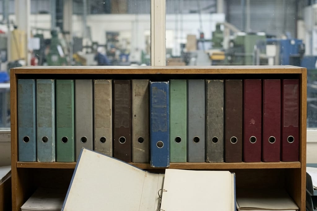 A production office shelf of inspection record binders with one open on the desk below
