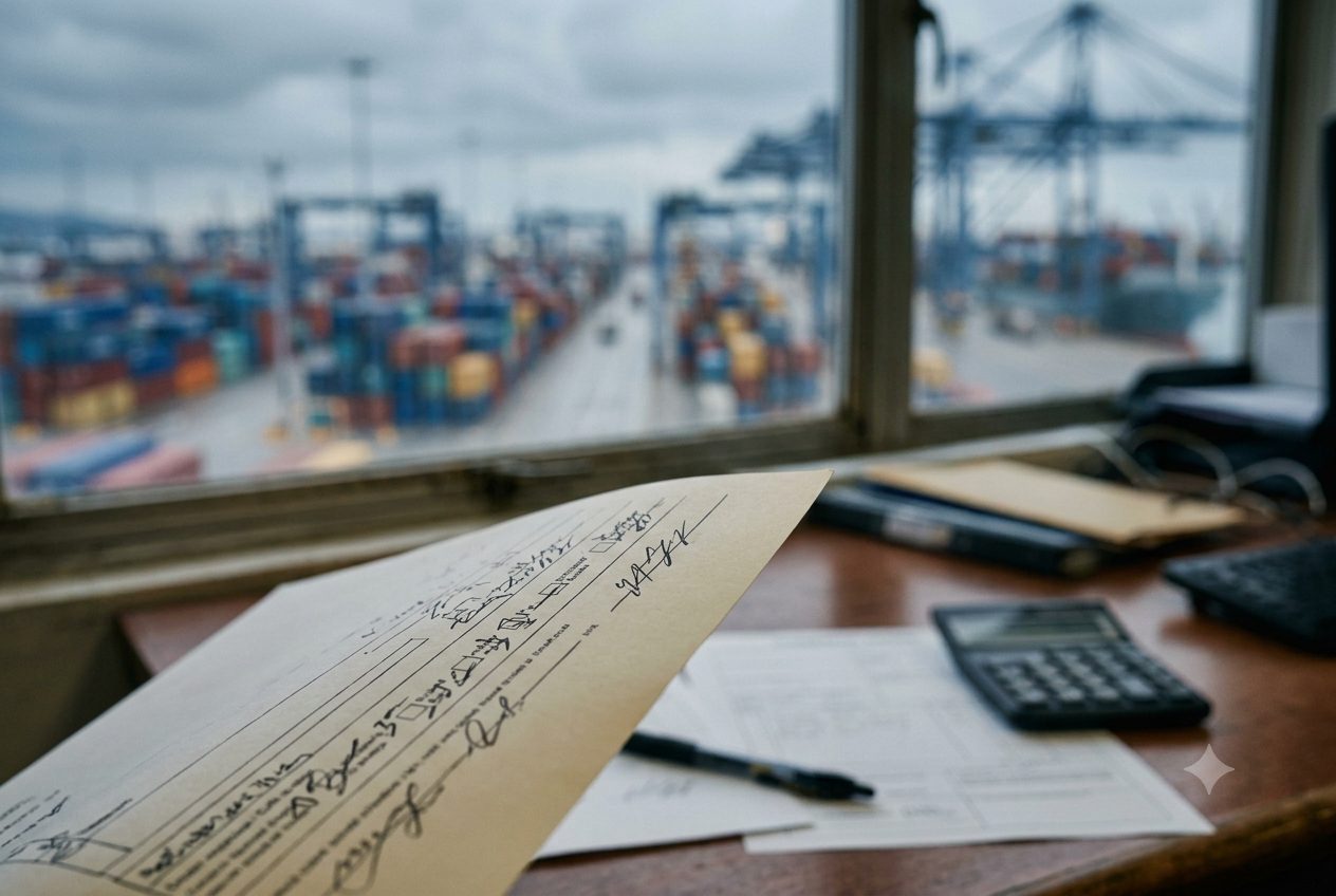Customs declaration and commercial invoice on a desk overlooking a container terminal