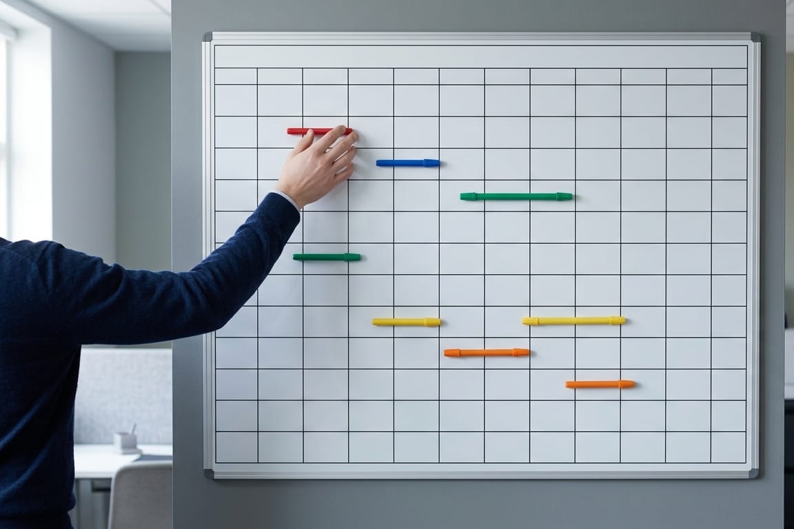 A blank wall planner grid with coloured markers placed across it in runs of different lengths