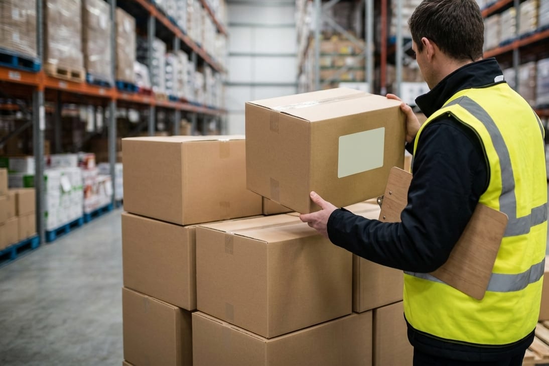 Inspector lifting an imported carton from a pallet to examine it in a distribution warehouse