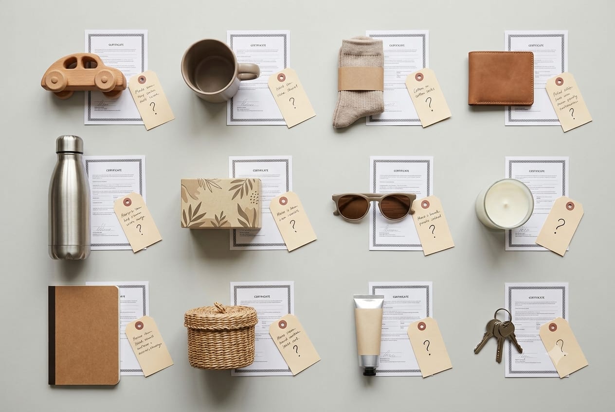 Imported product range laid out with certificate pages and query tags for a portfolio audit