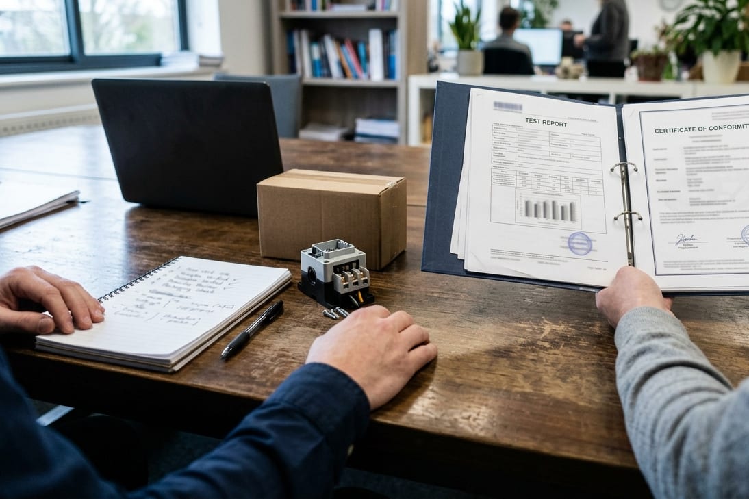 Supplier test report and certificate checked against sample products before an order is placed