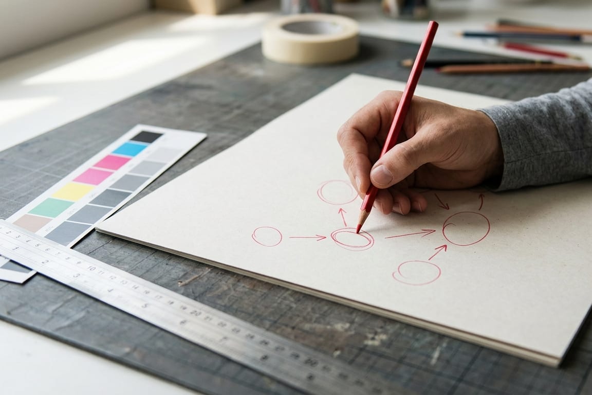 A hand marking a blank packaging proof with a red pencil, colour swatches and a steel ruler alongside