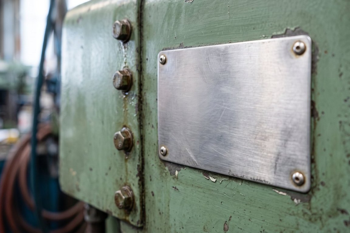 A blank brushed-metal nameplate riveted to the painted housing of an industrial machine