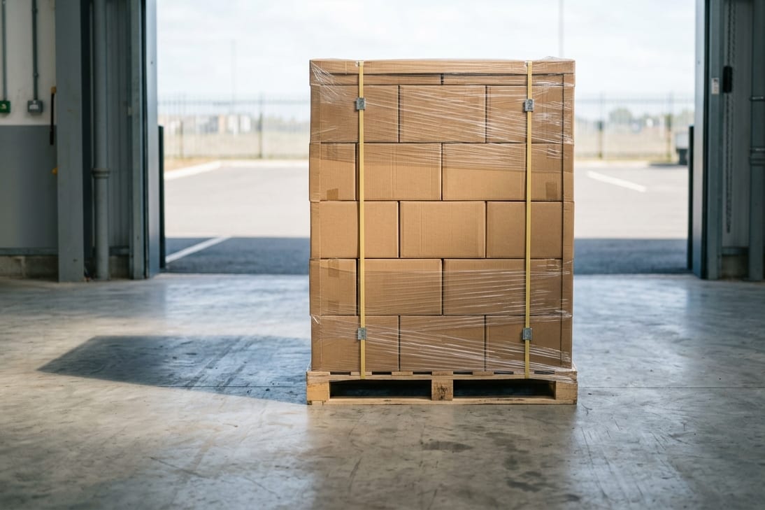 A wrapped pallet of sealed cartons staged by an open shutter door, ready to ship