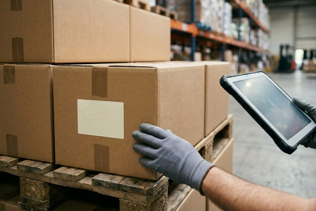 Sealed export cartons checked against a tablet record in a final pre-dispatch review