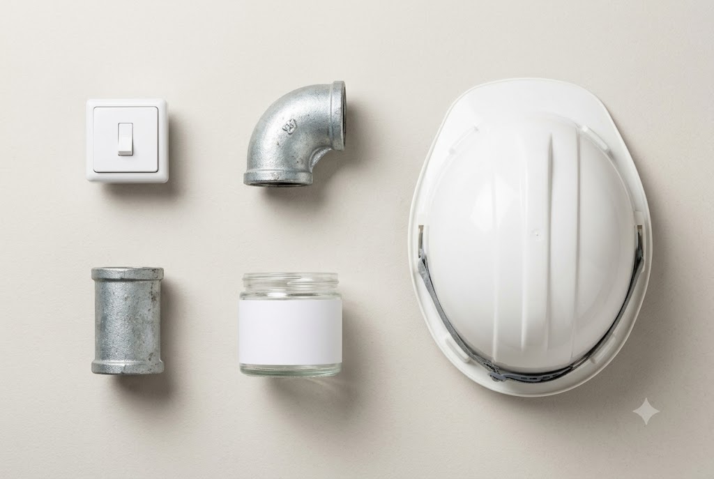 Mixed Saudi-regulated products: electrical component, pipe fitting, cosmetic jar and safety helmet