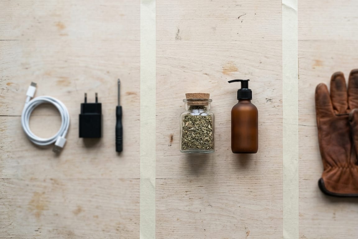Assorted goods sorted into three taped lanes on a desk