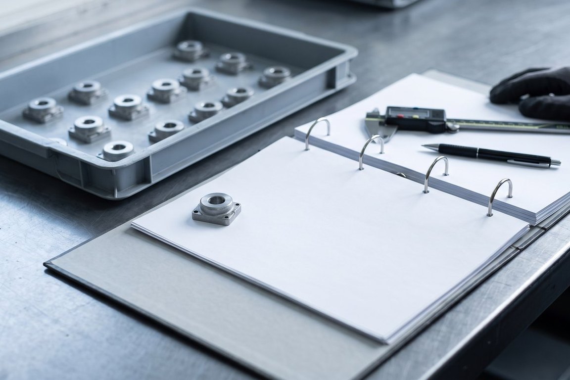 An open ring binder on a steel worktop beside a tray of identical components