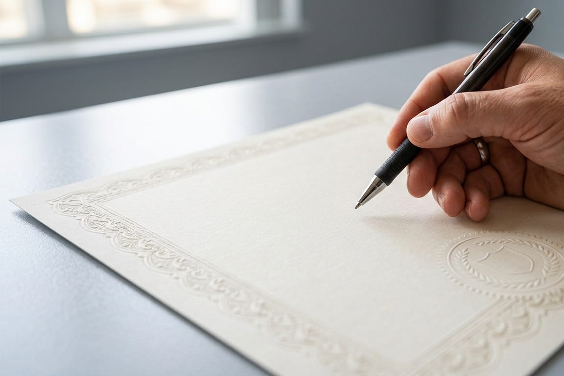 A hand holding a pen above a blank embossed certificate lying on a desk
