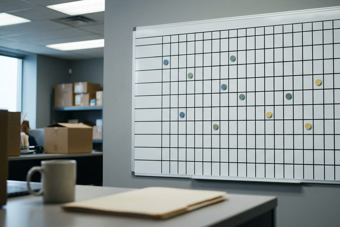 A blank grid wall planner in a shipping office