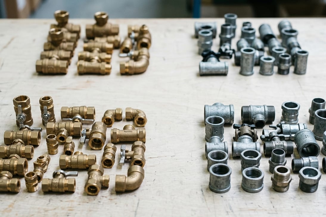 Dozens of brass and steel fittings sorted into four distinct clusters on a workbench