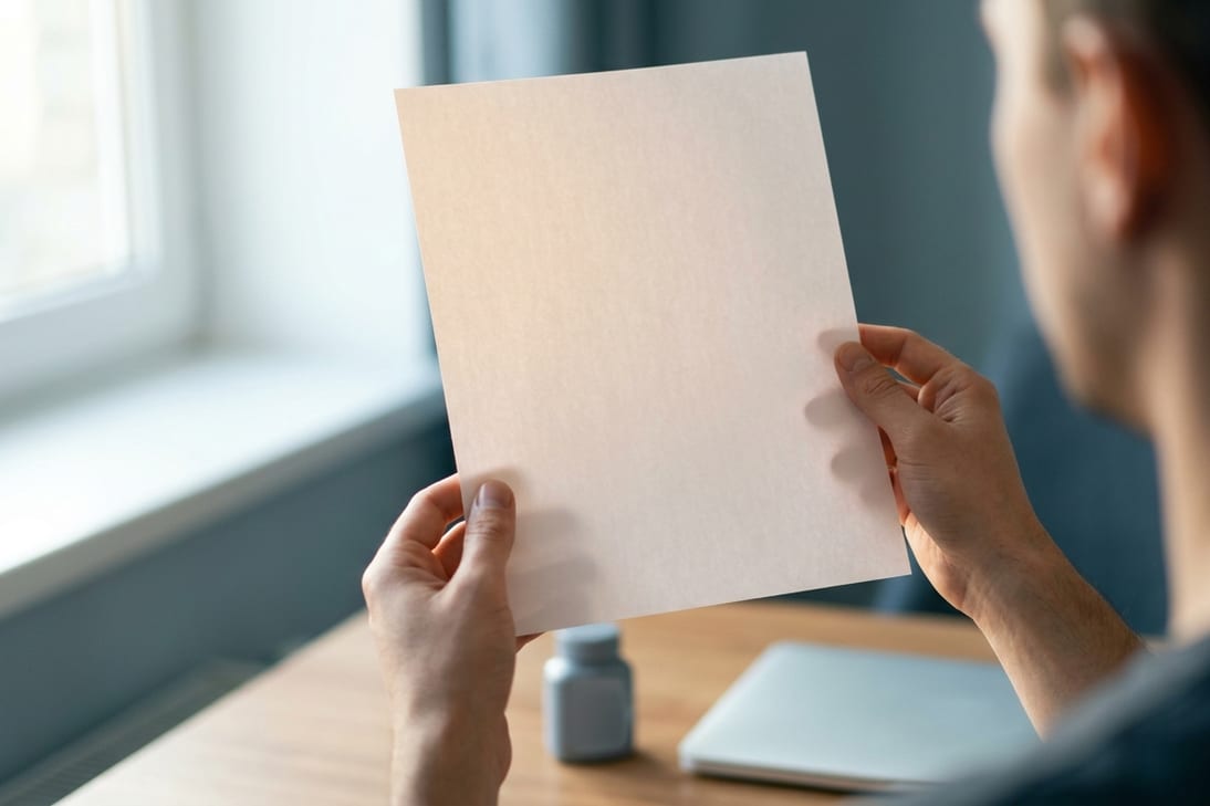 A person reading a single printed page held up in both hands at a desk