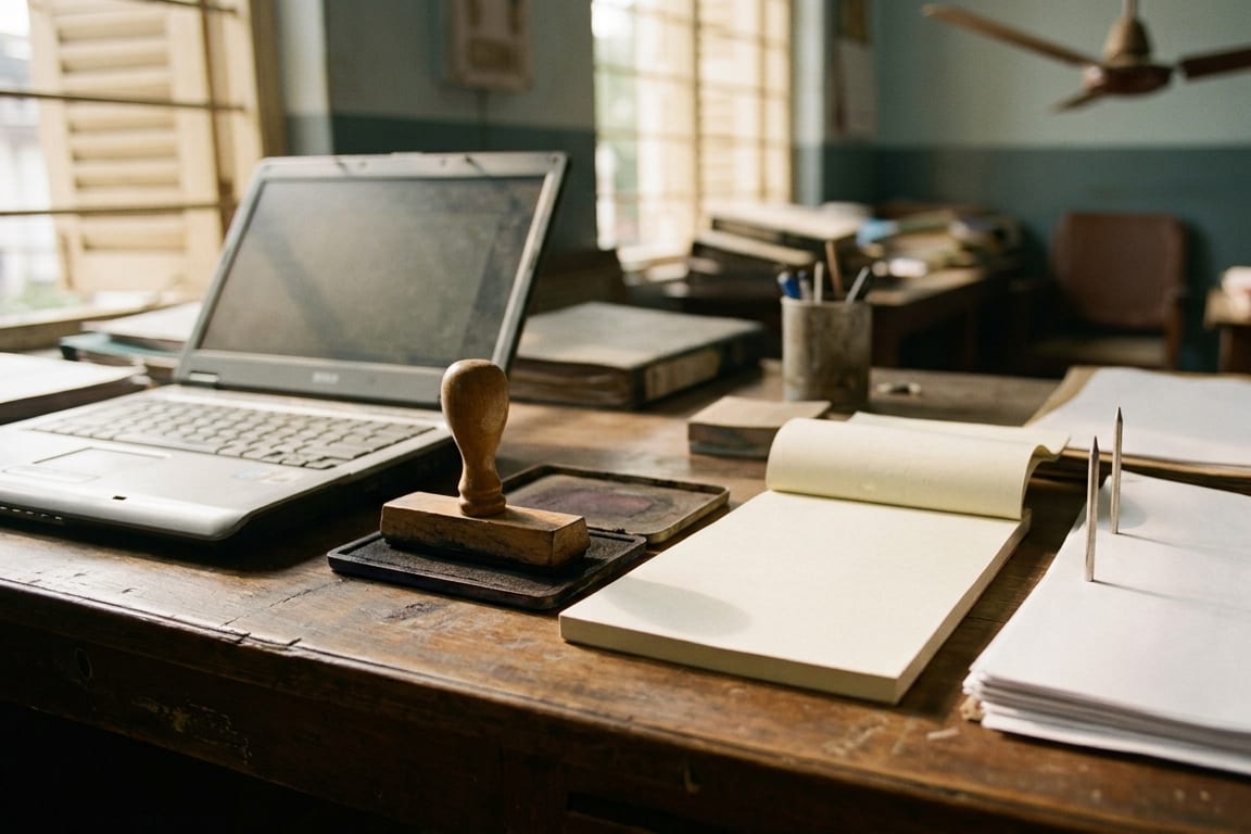 An export documentation desk in an Indian office with a rubber stamp, invoice pads and a laptop