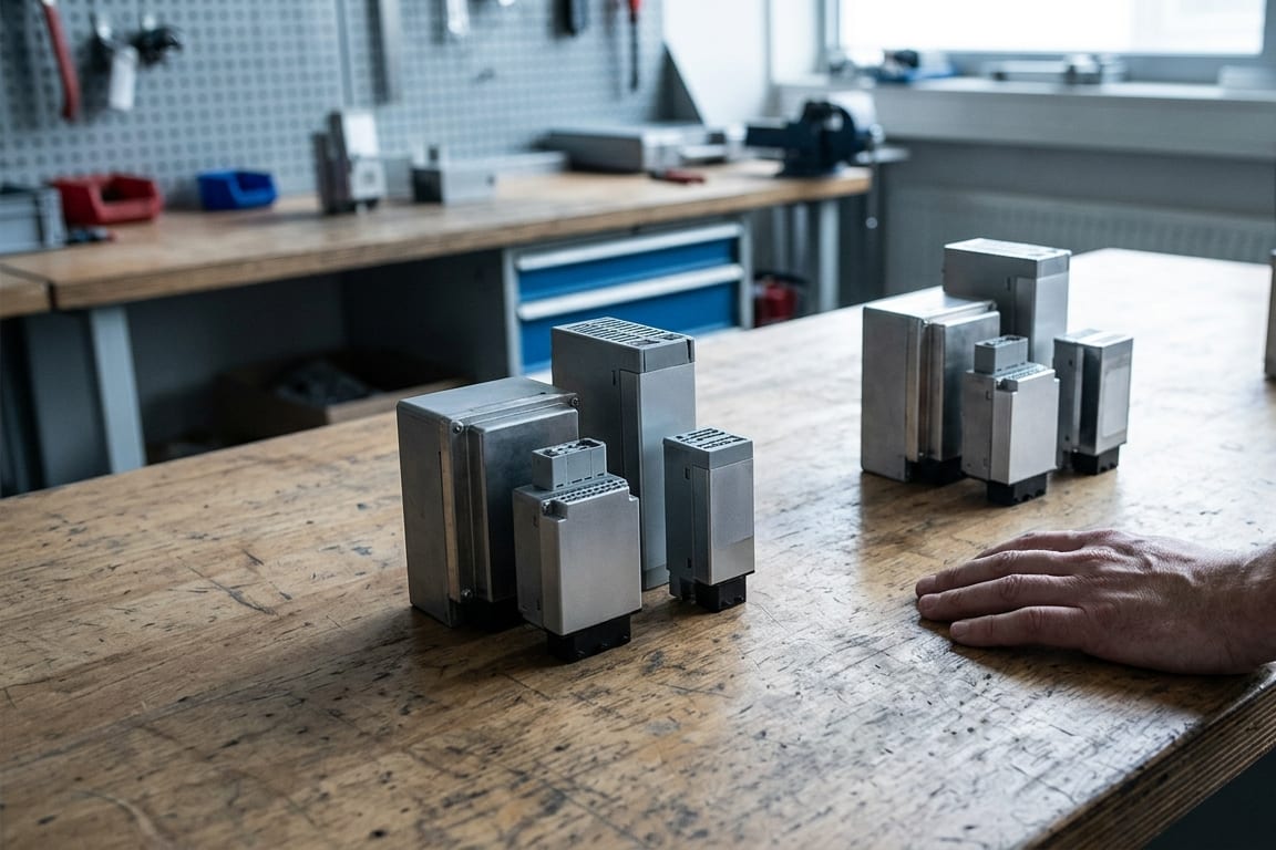 Product variants arranged in groups on a workbench
