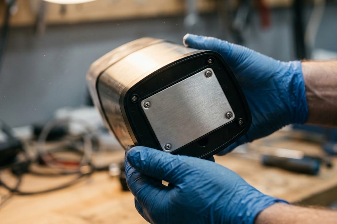 Gloved hands tilting a product to show the blank metal identification plate on its underside