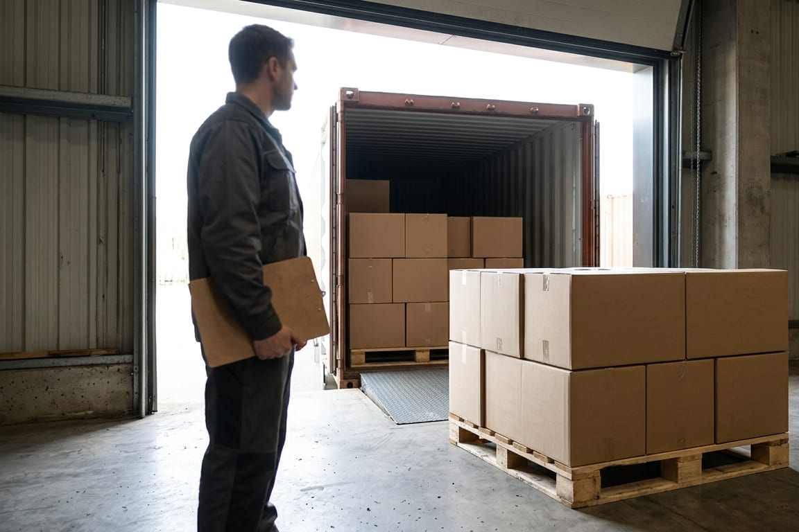 Cartons on a pallet beside an open container at a loading bay