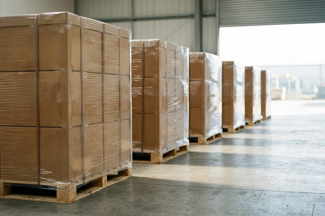 A row of identically wrapped pallets staged in a despatch bay for repeat consignments