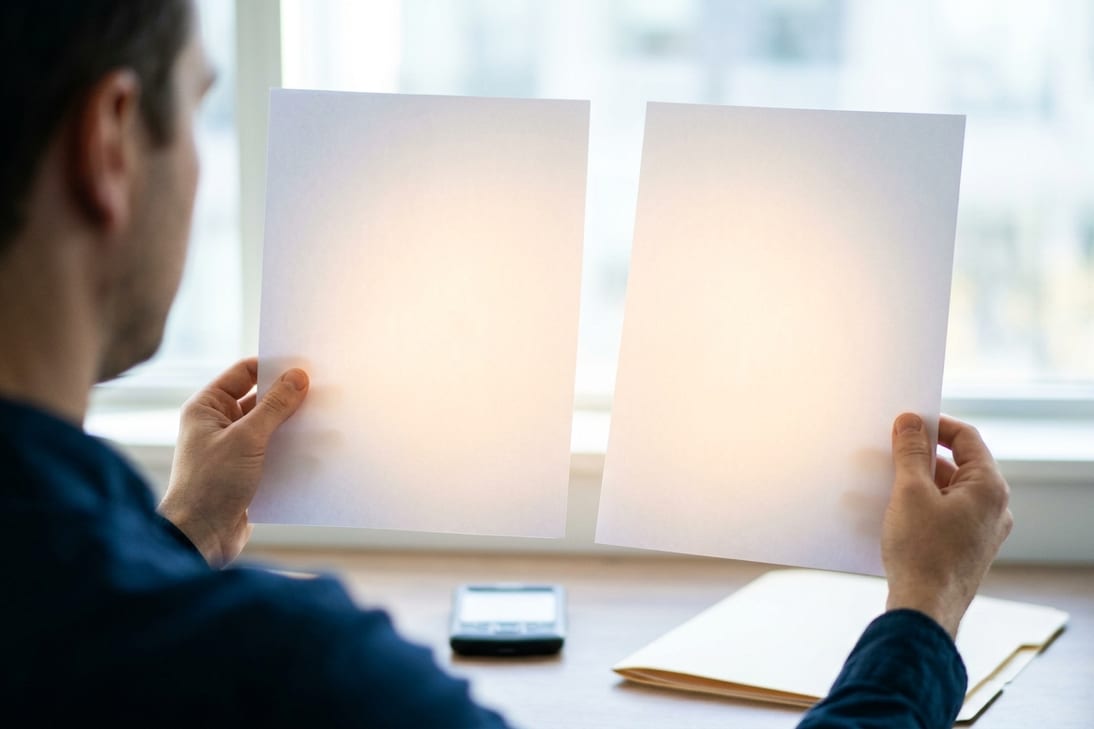 A reviewer holding two sheets up to a window to compare them