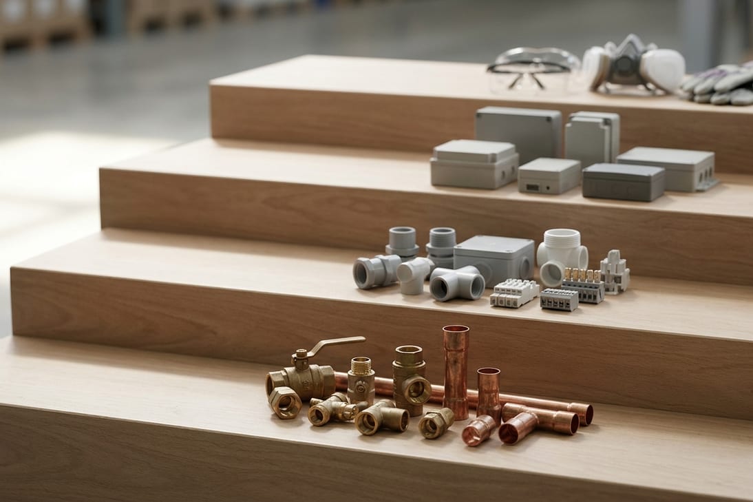 Unbranded products grouped into separate families on stepped display risers