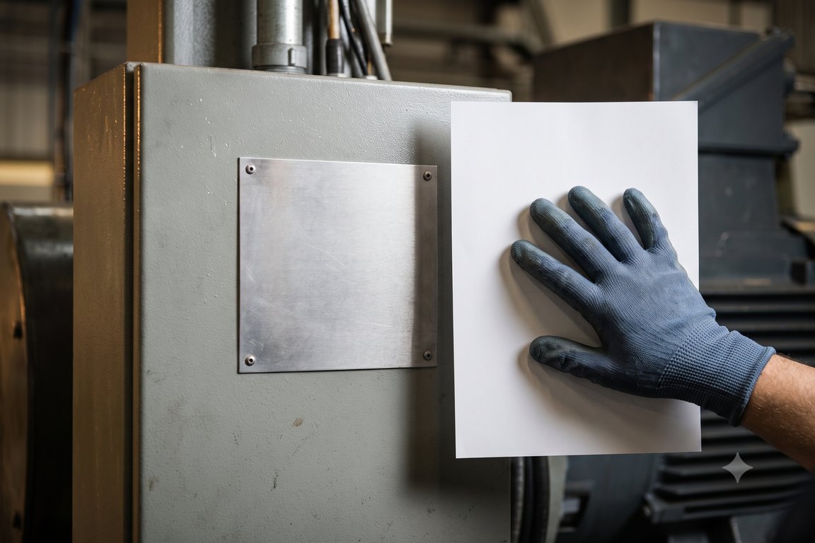 A metal equipment rating plate being read against a certificate