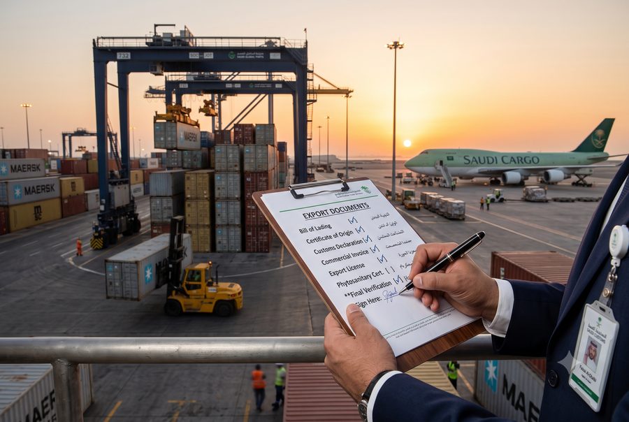 Export cargo containers being loaded at port