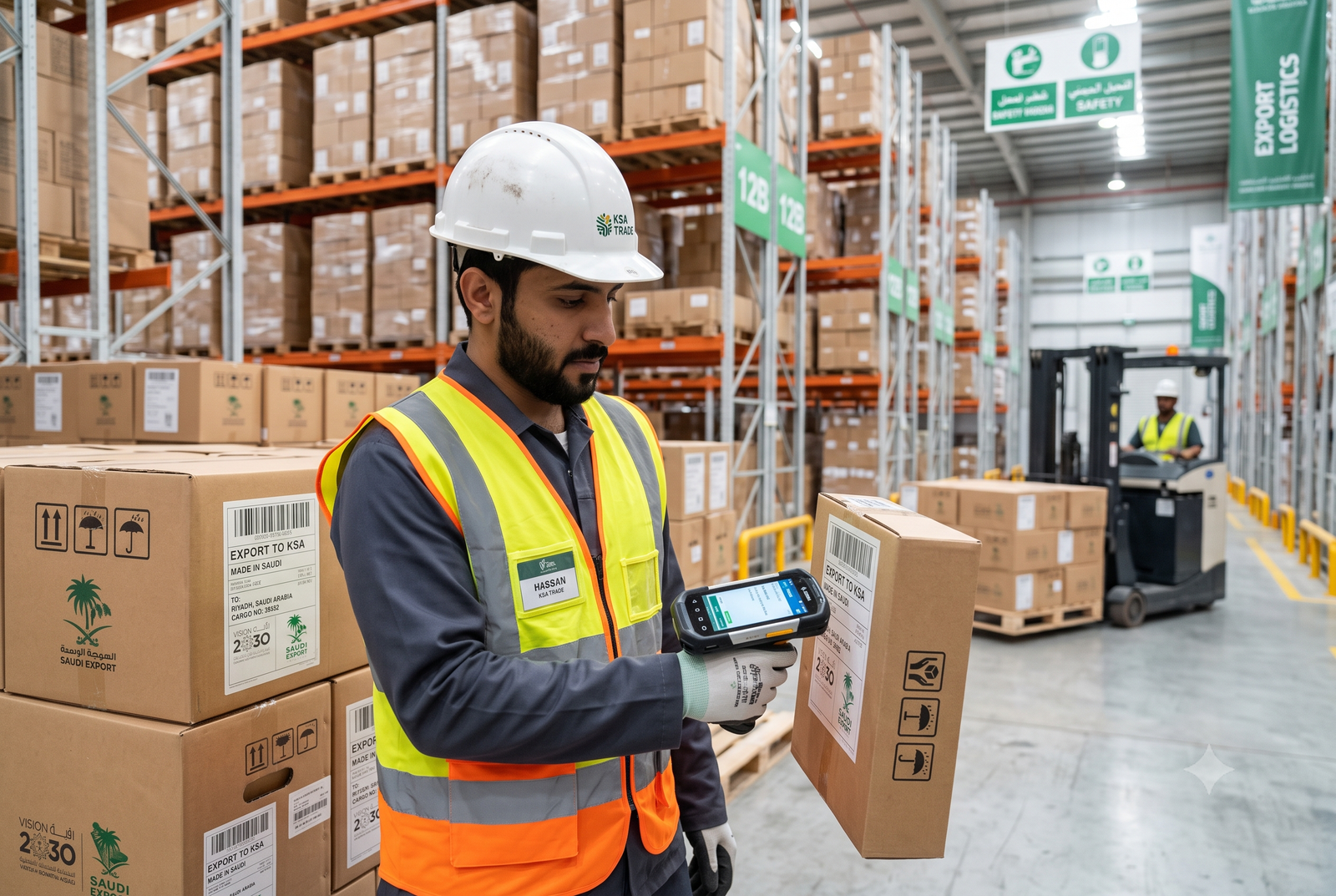 Worker scanning boxes during shipment inspection