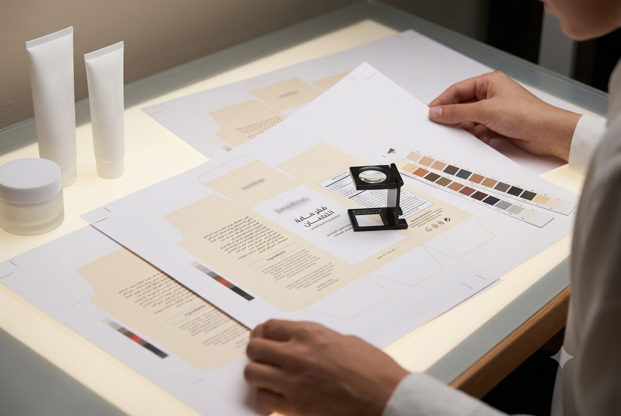 Printed carton proofs with Arabic label content checked against the notified composition