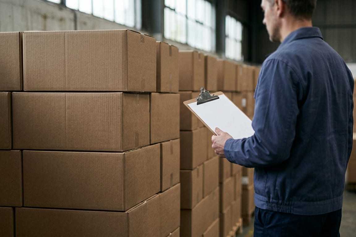 An inspector with a blank clipboard beside stacked cartons in a warehouse