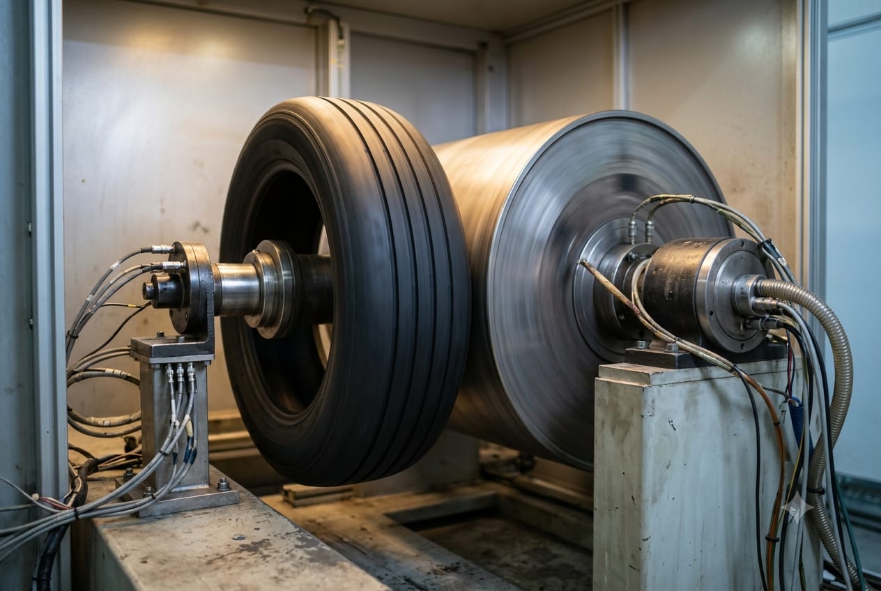 An unbranded tyre mounted against a test drum on an endurance rig